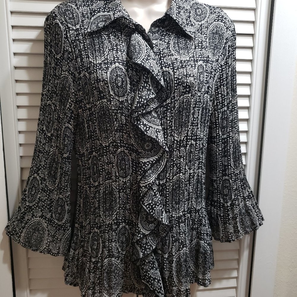 Signature by Larry Levine Button-Down Collared Shirt Blouse Black White Size PL